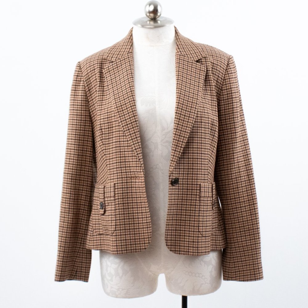 Vintage 90s M Wool Plaid Blazer Skirt Suit Brown - Picture 6 of 16